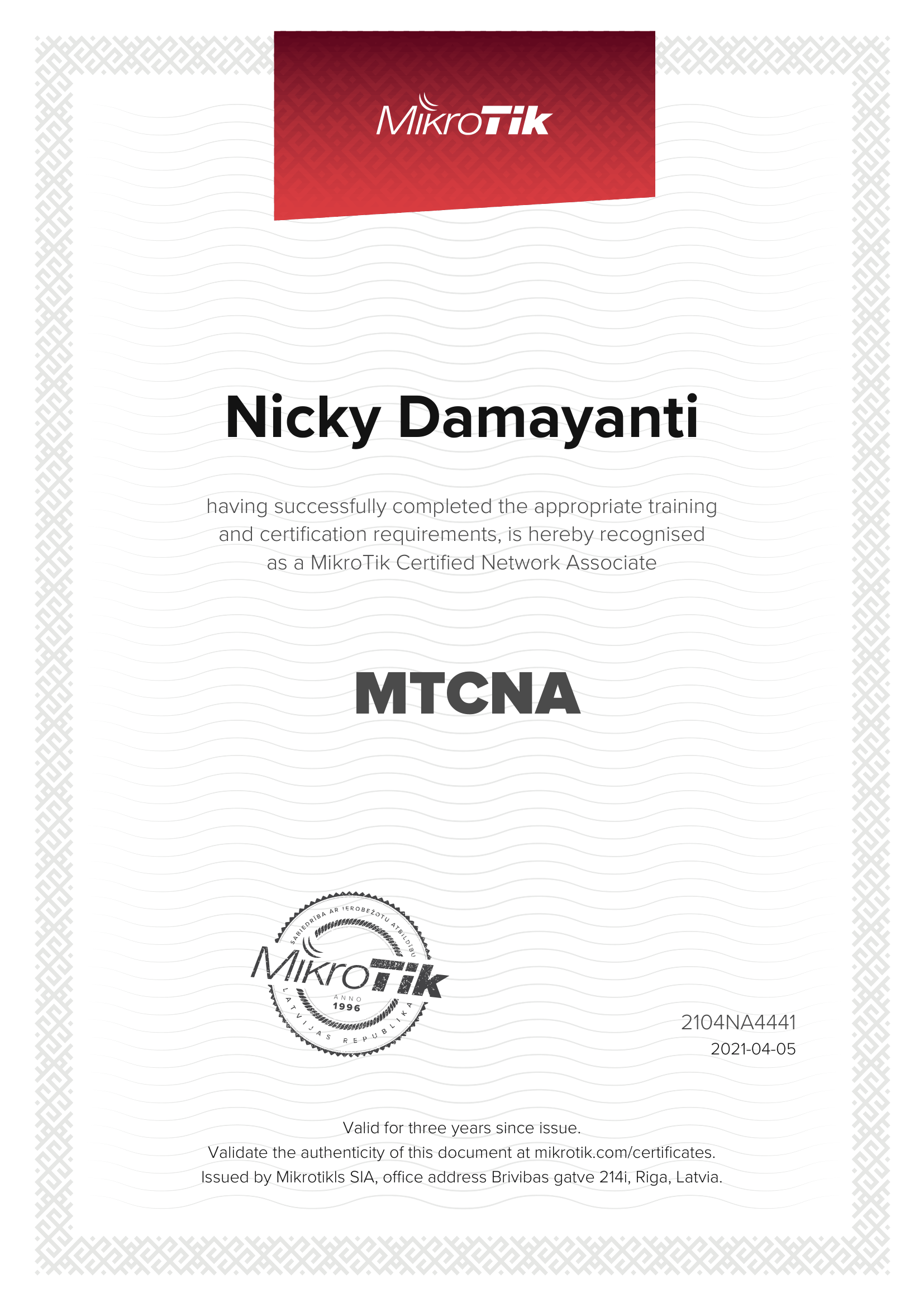 Sertifikat Nicky Damayanti