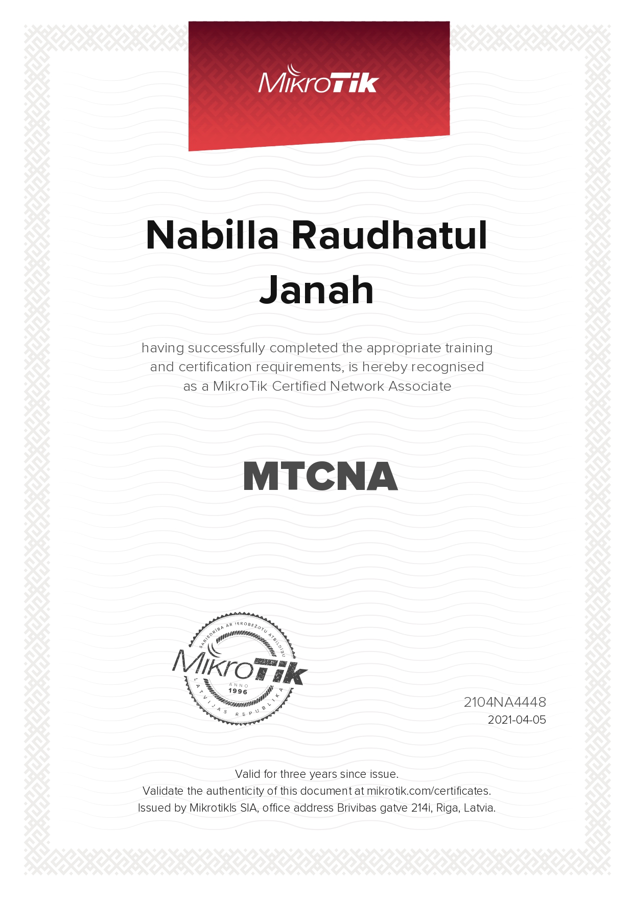 Sertifikat Nabilla Raudhatul  Janah